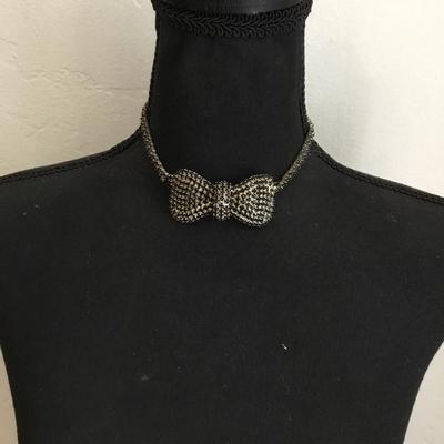 Vintage jet, black, rhinestone, bowtie necklace, silver toned