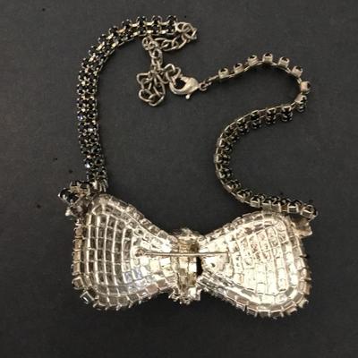 Vintage jet, black, rhinestone, bowtie necklace, silver toned