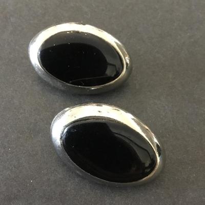 Vintage, oval, silver tone, black enamel clip on earrings