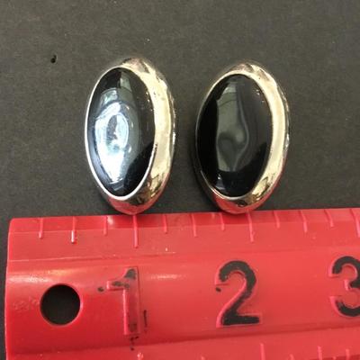 Vintage, oval, silver tone, black enamel clip on earrings
