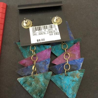 Cool watercolor, metal triangle, dangle, earrings, statement, earrings