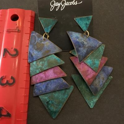 Cool watercolor, metal triangle, dangle, earrings, statement, earrings