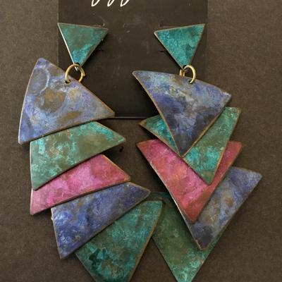 Cool watercolor, metal triangle, dangle, earrings, statement, earrings