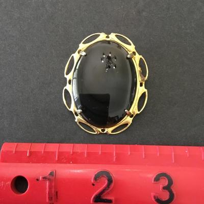 Beautiful, black onyx, vintage, goldtone, oval brooch