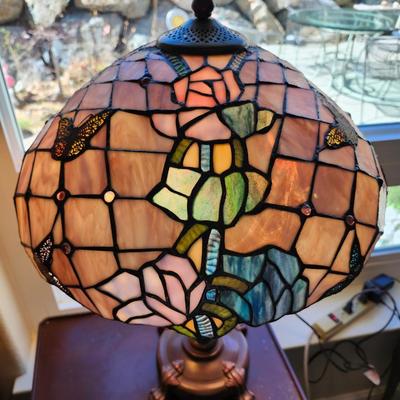 Sale Photo Thumbnail #351: Lovely handmade lamp shade with butterflies and flowers, 16 inch diameter.
The brass base is 23 inches tall.