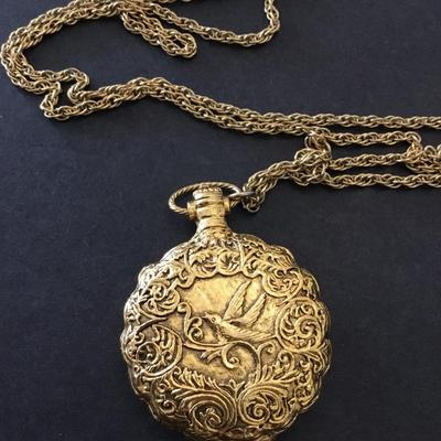 Vintage max factor pocket, watch style locket, compact powder, puff mirror, chain