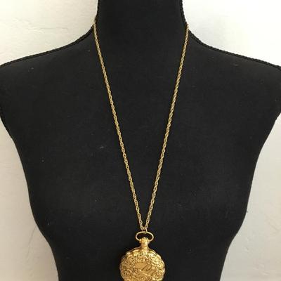 Vintage max factor pocket, watch style locket, compact powder, puff mirror, chain