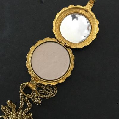 Vintage max factor pocket, watch style locket, compact powder, puff mirror, chain