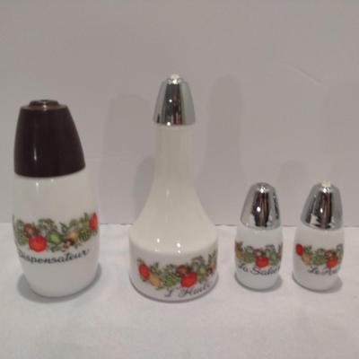 Vintage Gemco'Spice of Life' Pattern Table Ware- Oil Dispenser, Sugar Dispenser, Salt and Pepper Shakers