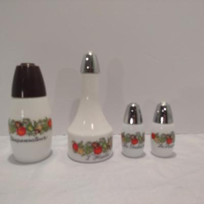 Vintage Gemco'Spice of Life' Pattern Table Ware- Oil Dispenser, Sugar Dispenser, Salt and Pepper Shakers