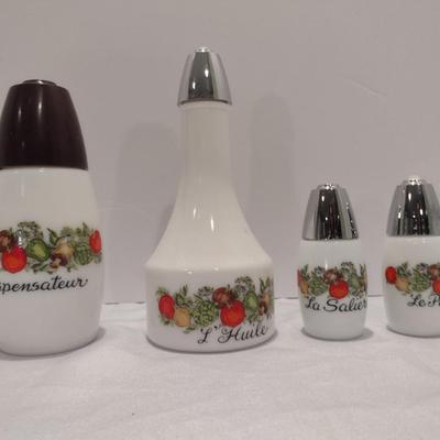 Vintage Gemco'Spice of Life' Pattern Table Ware- Oil Dispenser, Sugar Dispenser, Salt and Pepper Shakers