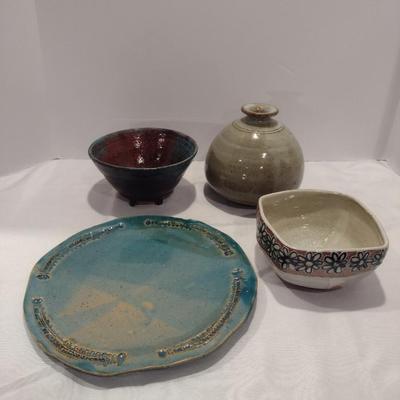 Collection of Glazed Pottery Dishes and Vase