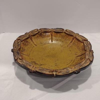 Pottery Centerpiece Bowl with Dragonfly Design- Signed by Artist- Approx 11 3/4" in Diameter