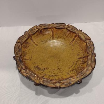 Pottery Centerpiece Bowl with Dragonfly Design- Signed by Artist- Approx 11 3/4" in Diameter