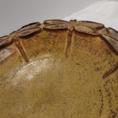 Pottery Centerpiece Bowl with Dragonfly Design- Signed by Artist- Approx 11 3/4" in Diameter