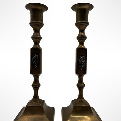 Pair of Brass Candlesticks with Grape Motif