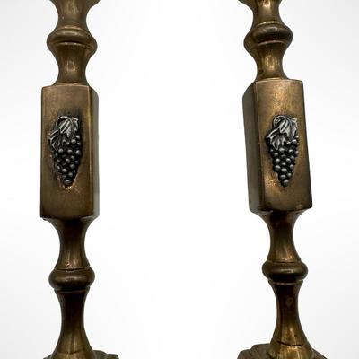 Pair of Brass Candlesticks with Grape Motif