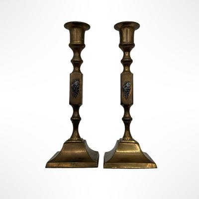Pair of Brass Candlesticks with Grape Motif
