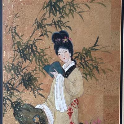 Framed Asian Painting – Woman Reading with Bamboo
