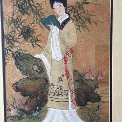 Framed Asian Painting – Woman Reading with Bamboo
