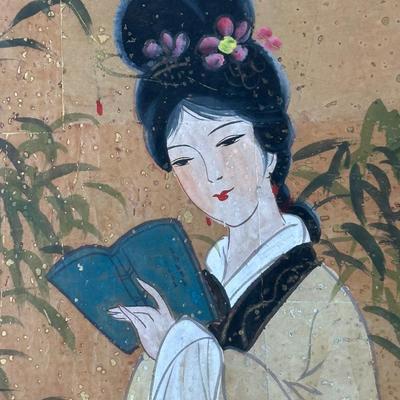 Framed Asian Painting – Woman Reading with Bamboo