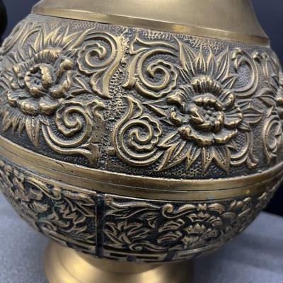 Sale Photo Thumbnail #356: Beautiful Asian brass lamps with dragon handles and intricate repousse' design.  1960s
14 inches    x 29 3/4 inches 
retails $850 to $1600 each