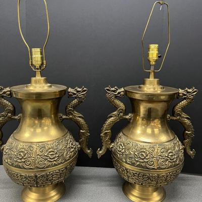 Sale Photo Thumbnail #358: Beautiful Asian brass lamps with dragon handles and intricate repousse' design.  1960s
14 inches    x 29 3/4 inches 
retails $850 to $1600 each
