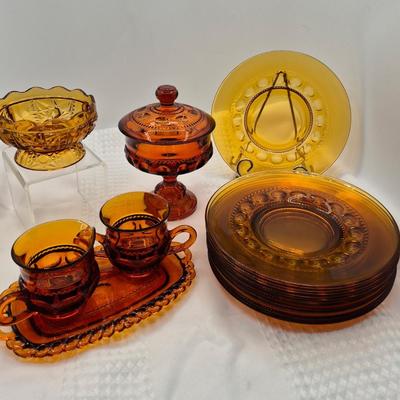 Sale Photo Thumbnail #376: Indiana Glass Co. Kings Crown Thumbprint pattern 
Sugar bowl, creamer, and tray.
8 plates, candy dish, covered candy pedestal bowl
very good condition
