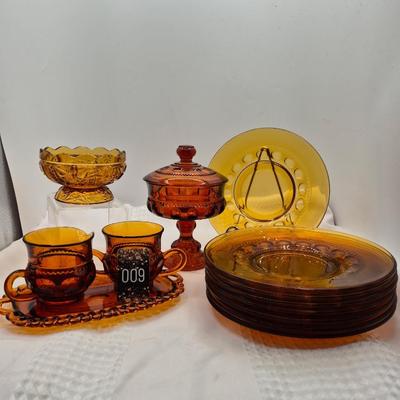 Sale Photo Thumbnail #375: Indiana Glass Co. Kings Crown Thumbprint pattern 
Sugar bowl, creamer, and tray.
8 plates, candy dish, covered candy pedestal bowl
very good condition