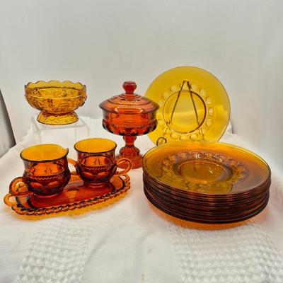 Sale Photo Thumbnail #377: Indiana Glass Co. Kings Crown Thumbprint pattern 
Sugar bowl, creamer, and tray.
8 plates, candy dish, covered candy pedestal bowl
very good condition