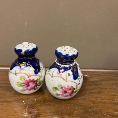Set of 2 Rose and Blue Hand Painted Salt and Pepper Shakers