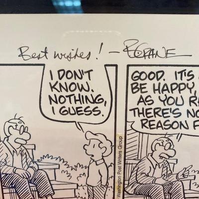 Sale Photo Thumbnail #473: Pickles cartoon by Brian Crane, signed. 
1999, 4 scene comic strip, single mat, framed 
16 x 8 inches