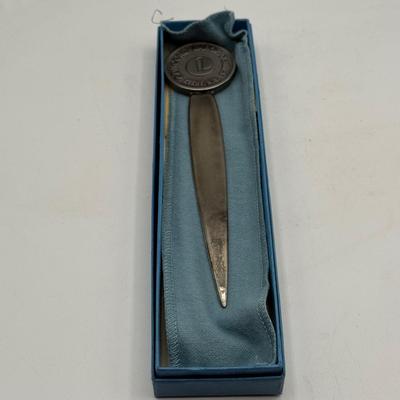 LOT 47L: Vintage Office Items - Stamp, Travel Clock Radio, Denoyer-Geppert Globe Pencil Sharpener, & Letter Openers