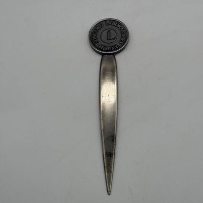 LOT 47L: Vintage Office Items - Stamp, Travel Clock Radio, Denoyer-Geppert Globe Pencil Sharpener, & Letter Openers