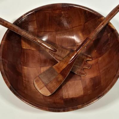 LOT 87D: Vintage Woven Wooden Salad Set, Leaf Shaped Parquet Woven Wood Dish, and Wood Pedestal Bowl with Artificial Fruit