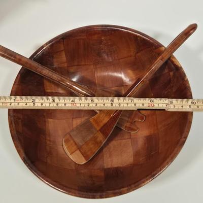 LOT 87D: Vintage Woven Wooden Salad Set, Leaf Shaped Parquet Woven Wood Dish, and Wood Pedestal Bowl with Artificial Fruit