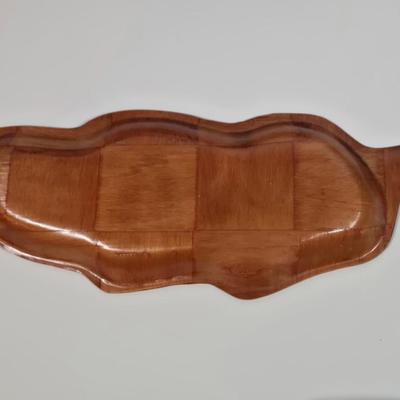 LOT 87D: Vintage Woven Wooden Salad Set, Leaf Shaped Parquet Woven Wood Dish, and Wood Pedestal Bowl with Artificial Fruit