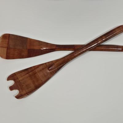LOT 87D: Vintage Woven Wooden Salad Set, Leaf Shaped Parquet Woven Wood Dish, and Wood Pedestal Bowl with Artificial Fruit