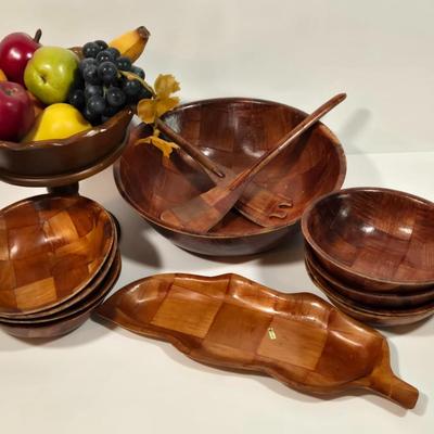 LOT 87D: Vintage Woven Wooden Salad Set, Leaf Shaped Parquet Woven Wood Dish, and Wood Pedestal Bowl with Artificial Fruit