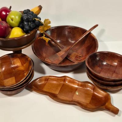 LOT 87D: Vintage Woven Wooden Salad Set, Leaf Shaped Parquet Woven Wood Dish, and Wood Pedestal Bowl with Artificial Fruit