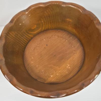 LOT 87D: Vintage Woven Wooden Salad Set, Leaf Shaped Parquet Woven Wood Dish, and Wood Pedestal Bowl with Artificial Fruit