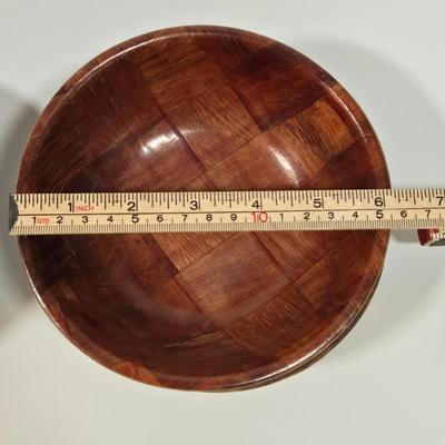 LOT 87D: Vintage Woven Wooden Salad Set, Leaf Shaped Parquet Woven Wood Dish, and Wood Pedestal Bowl with Artificial Fruit