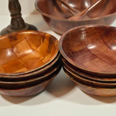 LOT 87D: Vintage Woven Wooden Salad Set, Leaf Shaped Parquet Woven Wood Dish, and Wood Pedestal Bowl with Artificial Fruit