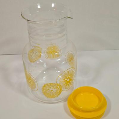 LOT 90D: Vintage Pyrex Glass Lemonade Pitcher, Strawberry Glass Red Lid Candy Jar Canister, and Anchor Hocking 1776 Bicentennial Liberty...