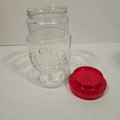 LOT 90D: Vintage Pyrex Glass Lemonade Pitcher, Strawberry Glass Red Lid Candy Jar Canister, and Anchor Hocking 1776 Bicentennial Liberty...