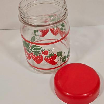 LOT 90D: Vintage Pyrex Glass Lemonade Pitcher, Strawberry Glass Red Lid Candy Jar Canister, and Anchor Hocking 1776 Bicentennial Liberty...