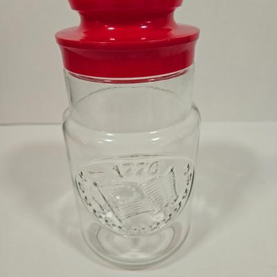 LOT 90D: Vintage Pyrex Glass Lemonade Pitcher, Strawberry Glass Red Lid Candy Jar Canister, and Anchor Hocking 1776 Bicentennial Liberty...