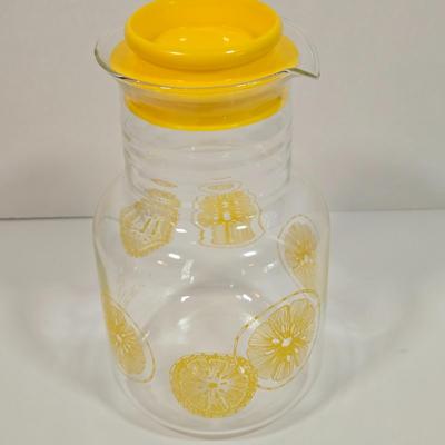 LOT 90D: Vintage Pyrex Glass Lemonade Pitcher, Strawberry Glass Red Lid Candy Jar Canister, and Anchor Hocking 1776 Bicentennial Liberty...