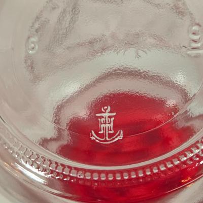 LOT 90D: Vintage Pyrex Glass Lemonade Pitcher, Strawberry Glass Red Lid Candy Jar Canister, and Anchor Hocking 1776 Bicentennial Liberty...