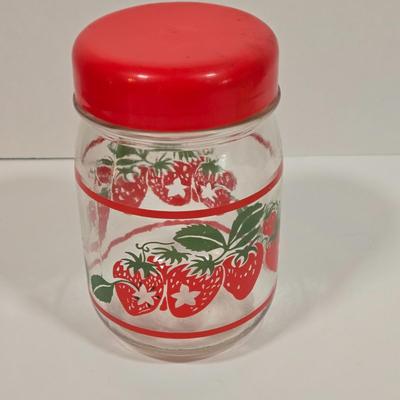 LOT 90D: Vintage Pyrex Glass Lemonade Pitcher, Strawberry Glass Red Lid Candy Jar Canister, and Anchor Hocking 1776 Bicentennial Liberty...
